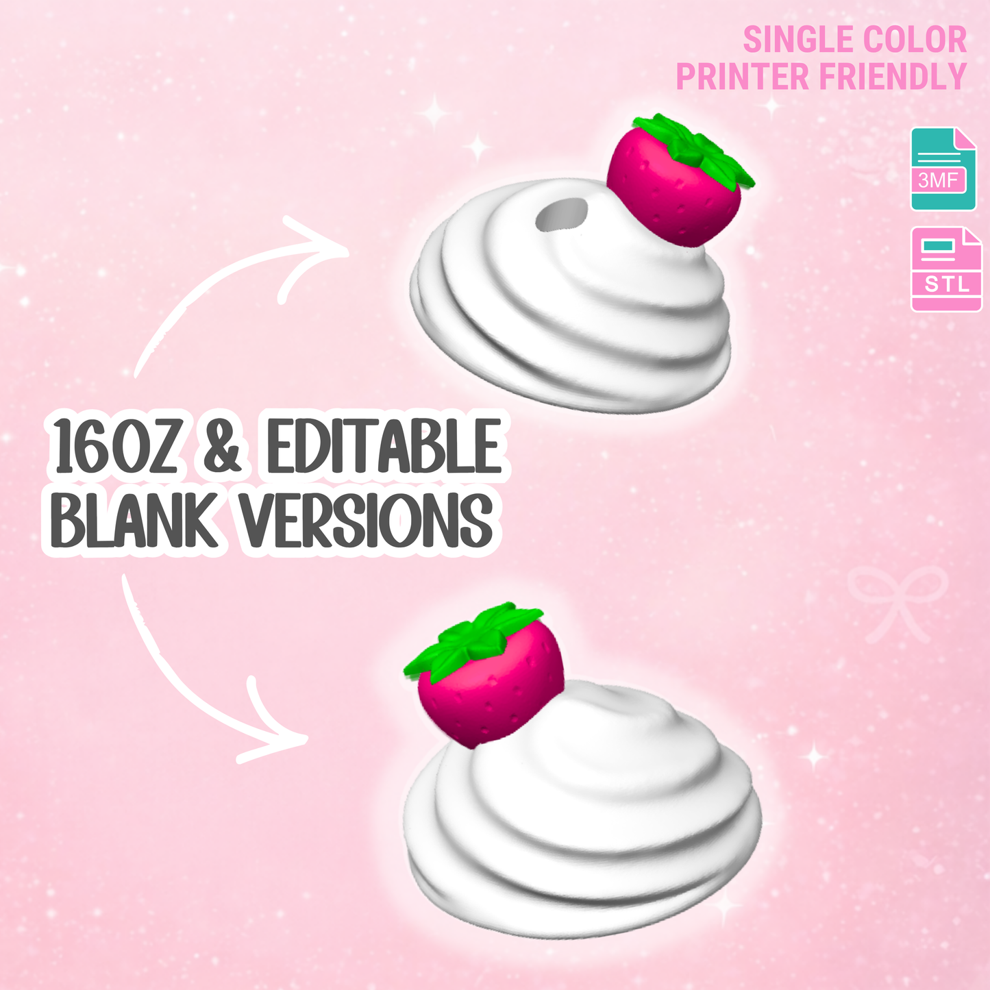 Strawberry Whip Lid Topper: 3D Print STL & 3MF File Cup Toppers (Digital Download)