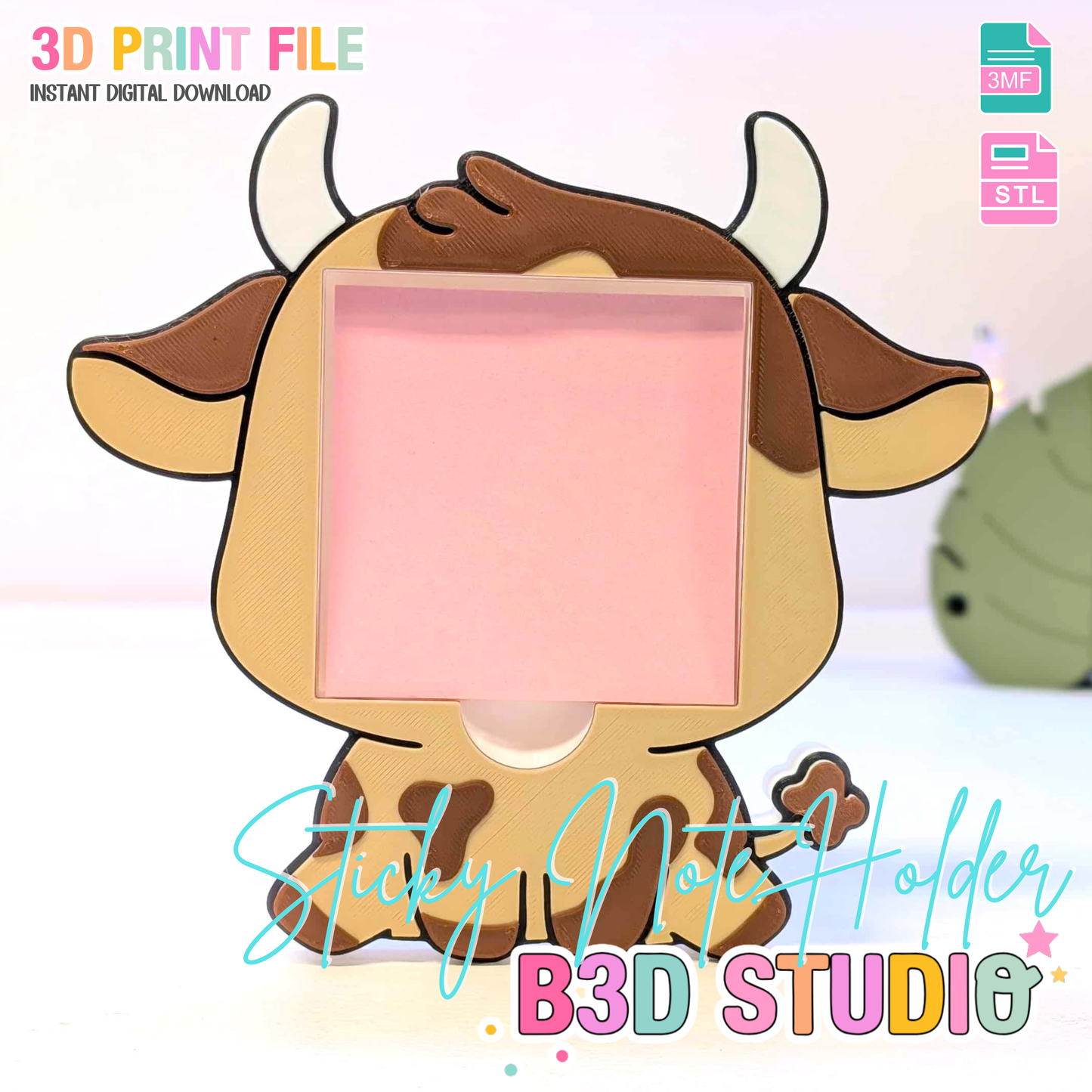 Cow Sticky Note Holder - STL & 3MF - Digital Download