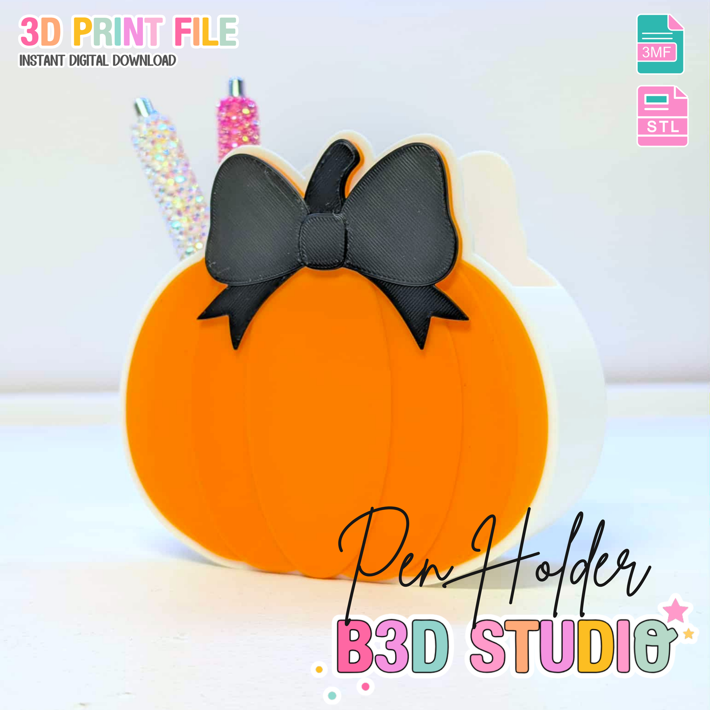 Digital Download - Bow Pumpkin Pen Holder STL & 3MF File
