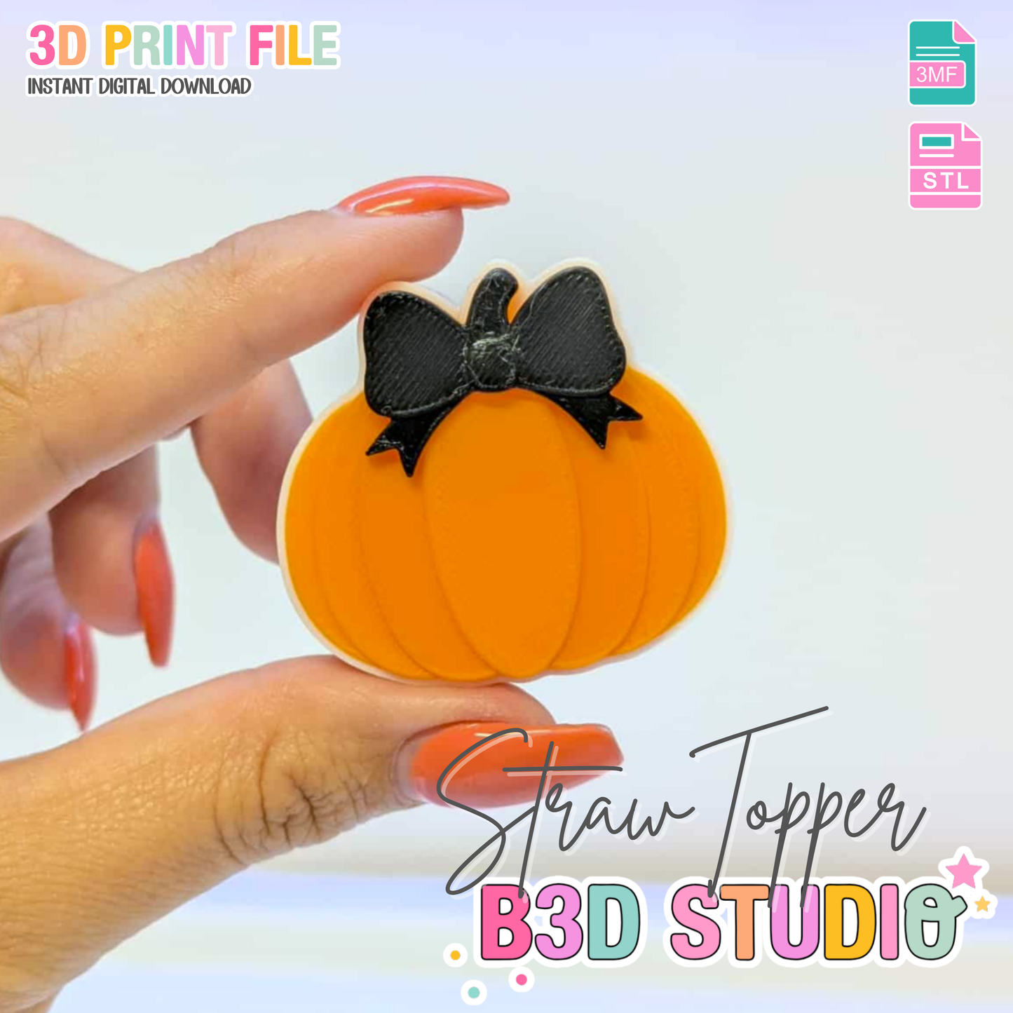 Bow Pumpkin Straw Topper 3D Print File (STL & 3MF Digital Download) 8mm + 10mm Sizes
