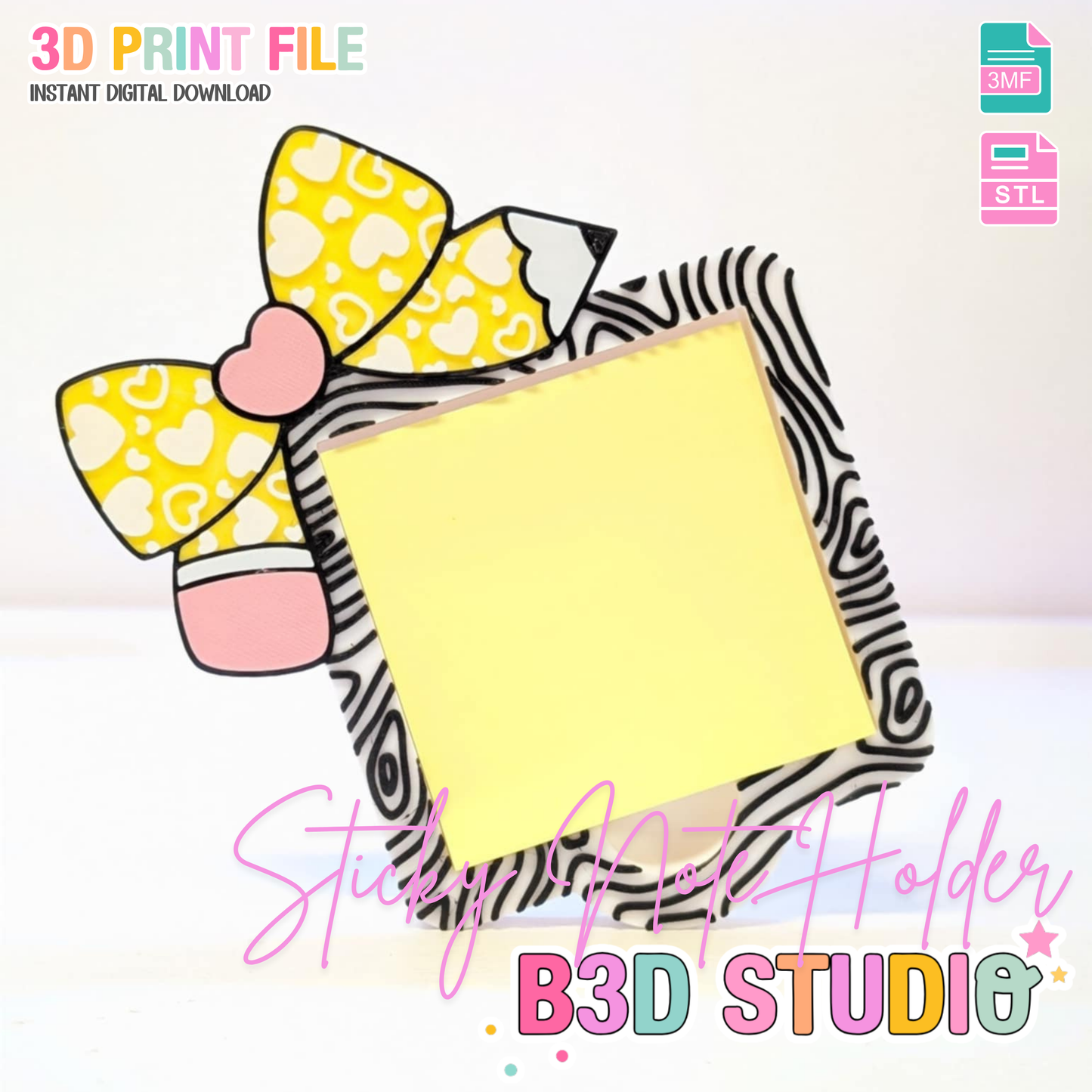 Heart Pencil Bow Sticky Note Holder - STL & 3MF - Digital Download