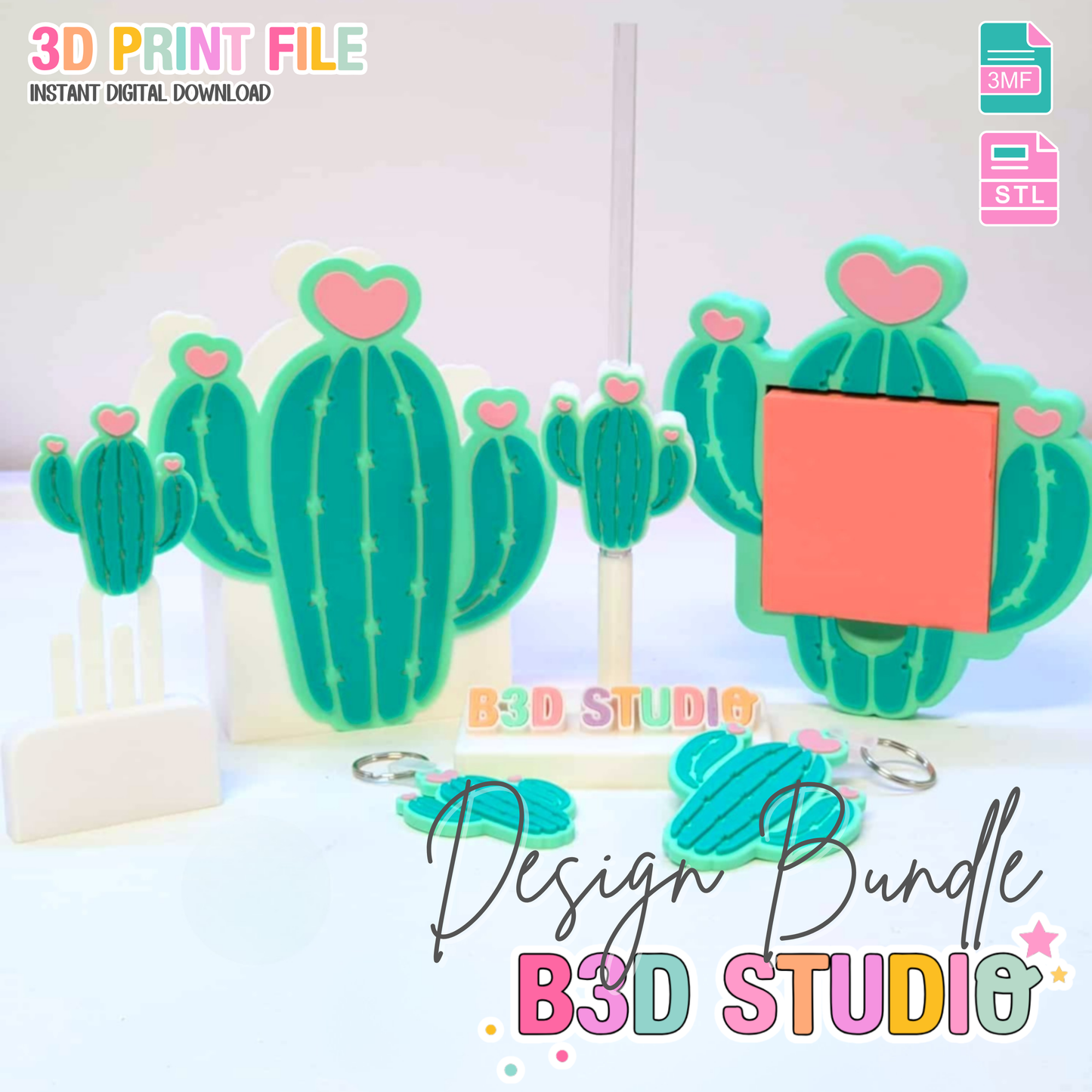 Heart Cactus 3D Print File Bundle | Pen Holder, Sticky Note Holders, Straw Toppers, Paper Clip, Embellishment | STL & 3MF Digital Download