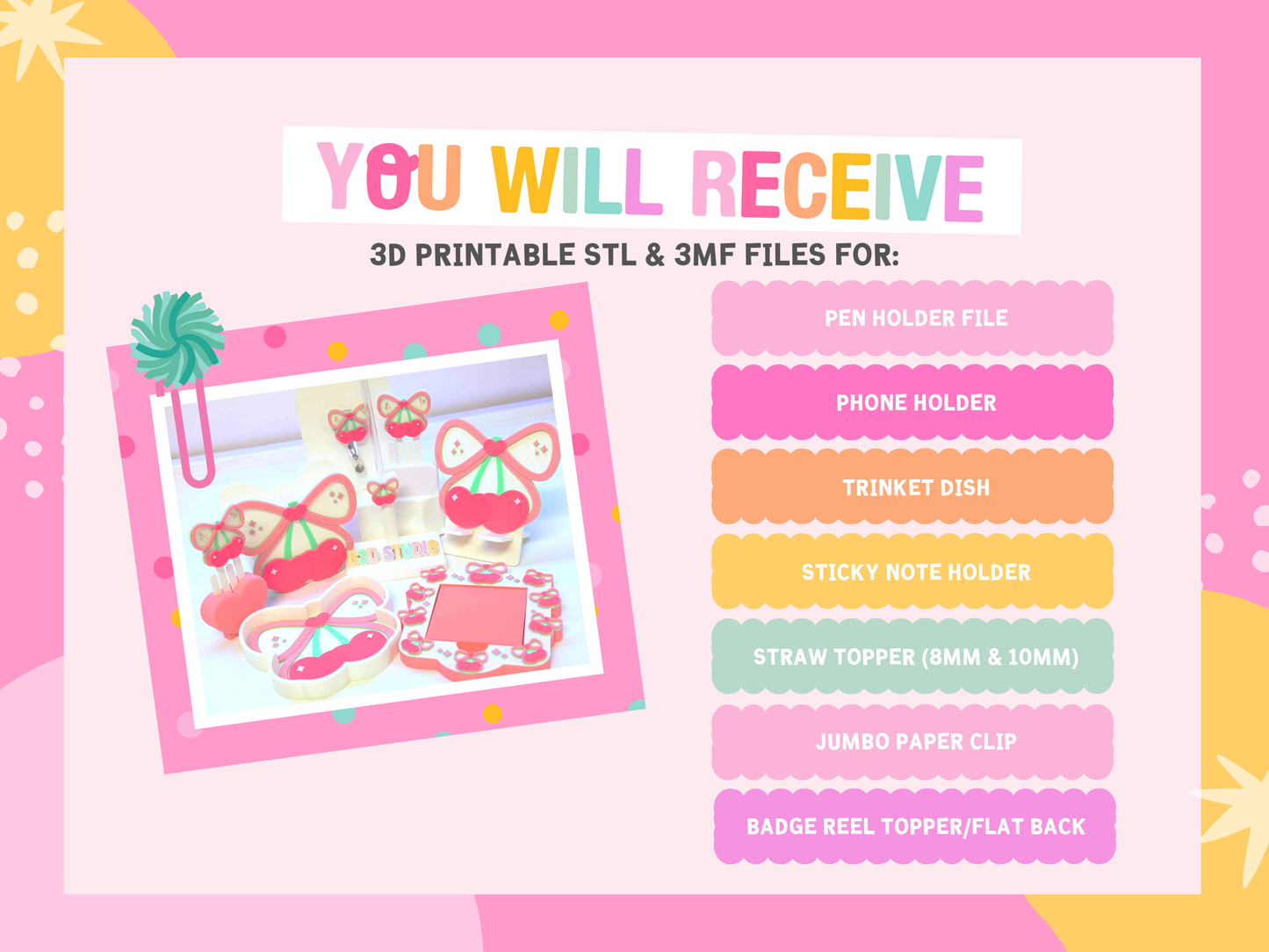 Cherry Bow Heart 3D Print File Bundle: Pen Holder, Badge Reel (STL & 3MF Digital Download)