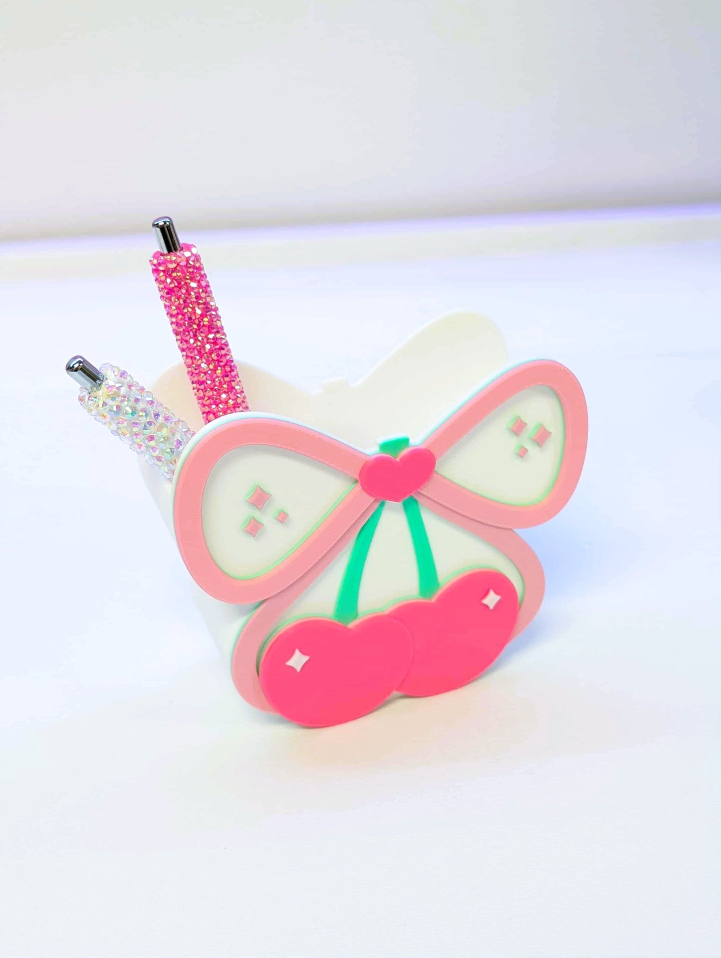 Cherry Bow Heart Pen Holder 3D Printable: Cute Desk Decor (STL + 3MF File)