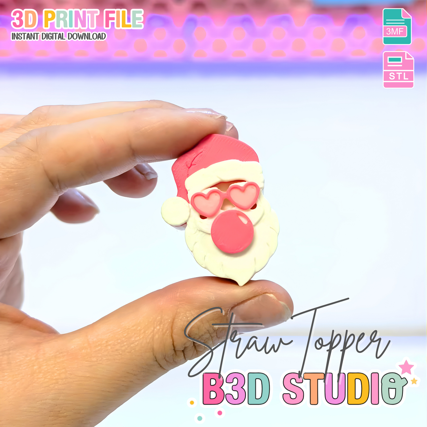Sassy Santa Straw Topper 3D Print File (STL & 3MF Digital Download) 8mm + 10mm Sizes