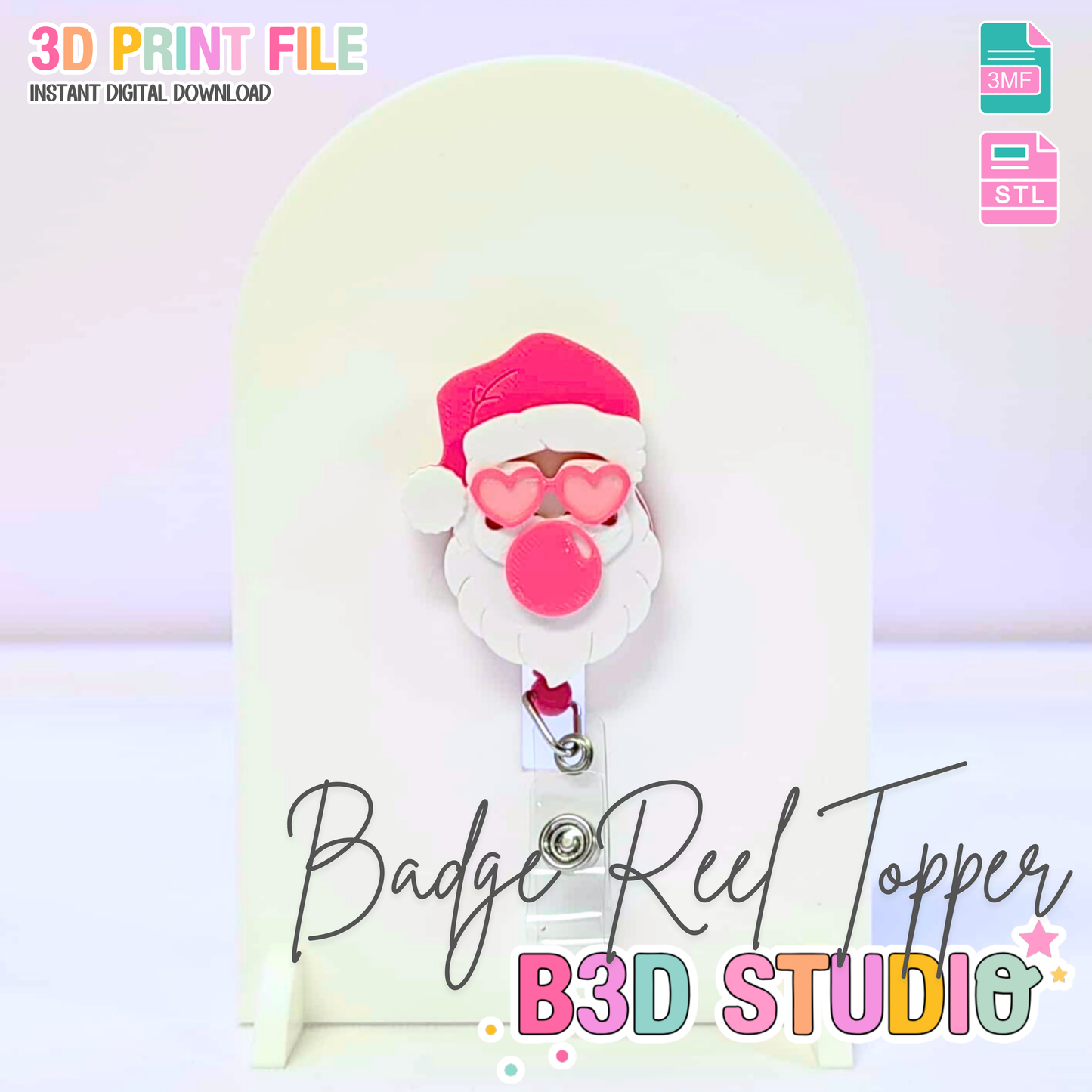 Sassy Santa Badge Reel Topper Flat Back 3D Print File (STL & 3MF Digital Download)