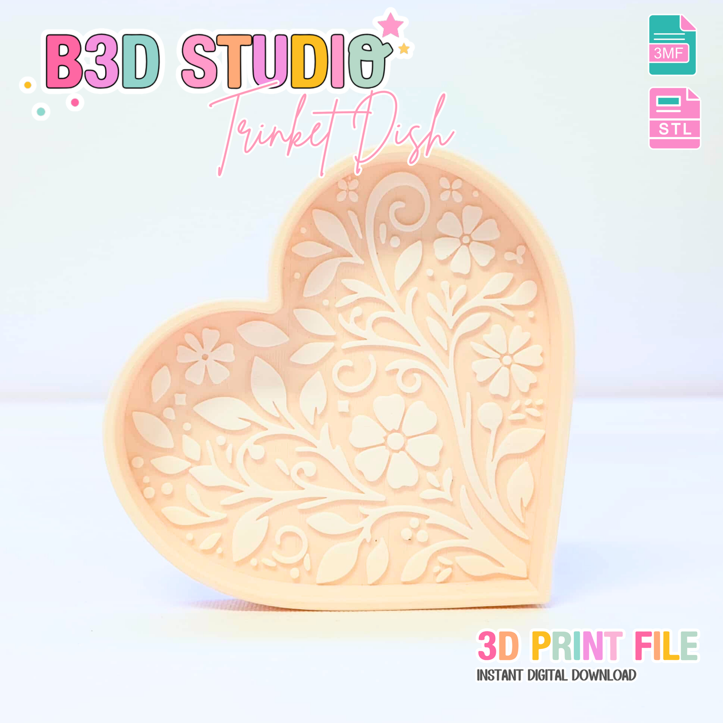Heart Motif Trinket Dish 3D Print File – Desk Organization (Digital Download)