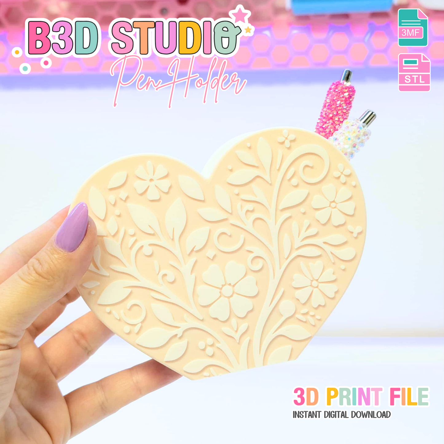 Heart Motif Pen Holder: 3D Printable STL & 3MF File (Digital Download)