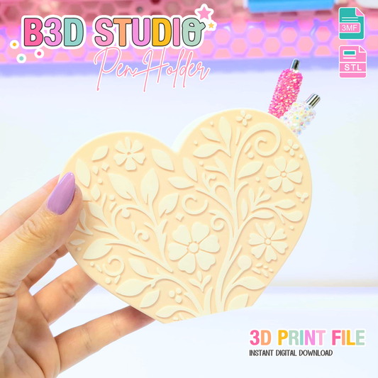 Heart Motif Pen Holder: 3D Printable STL & 3MF File (Digital Download)