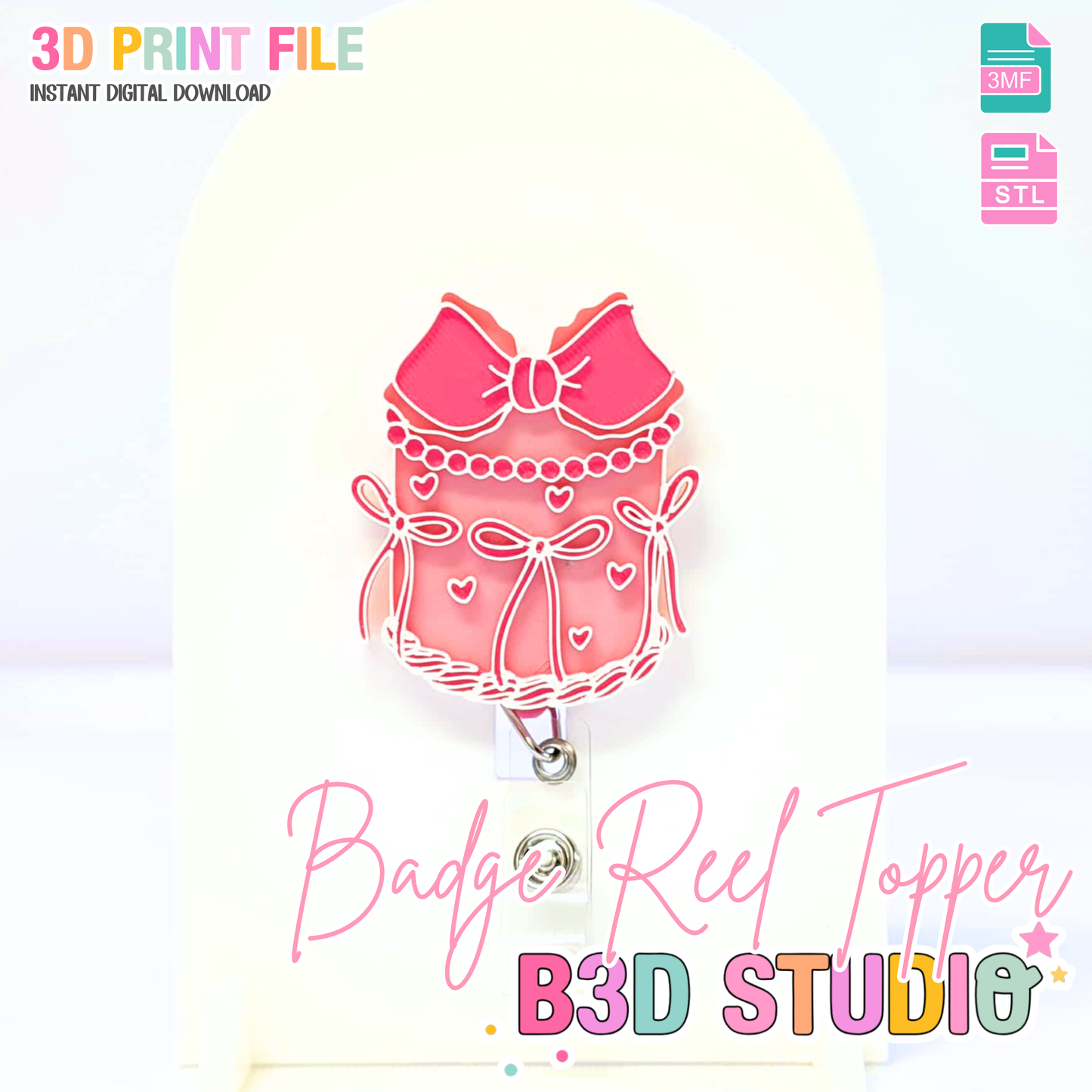 Bow Cake Badge Reel Topper Flat Back 3D Print File (STL & 3MF Digital Download)