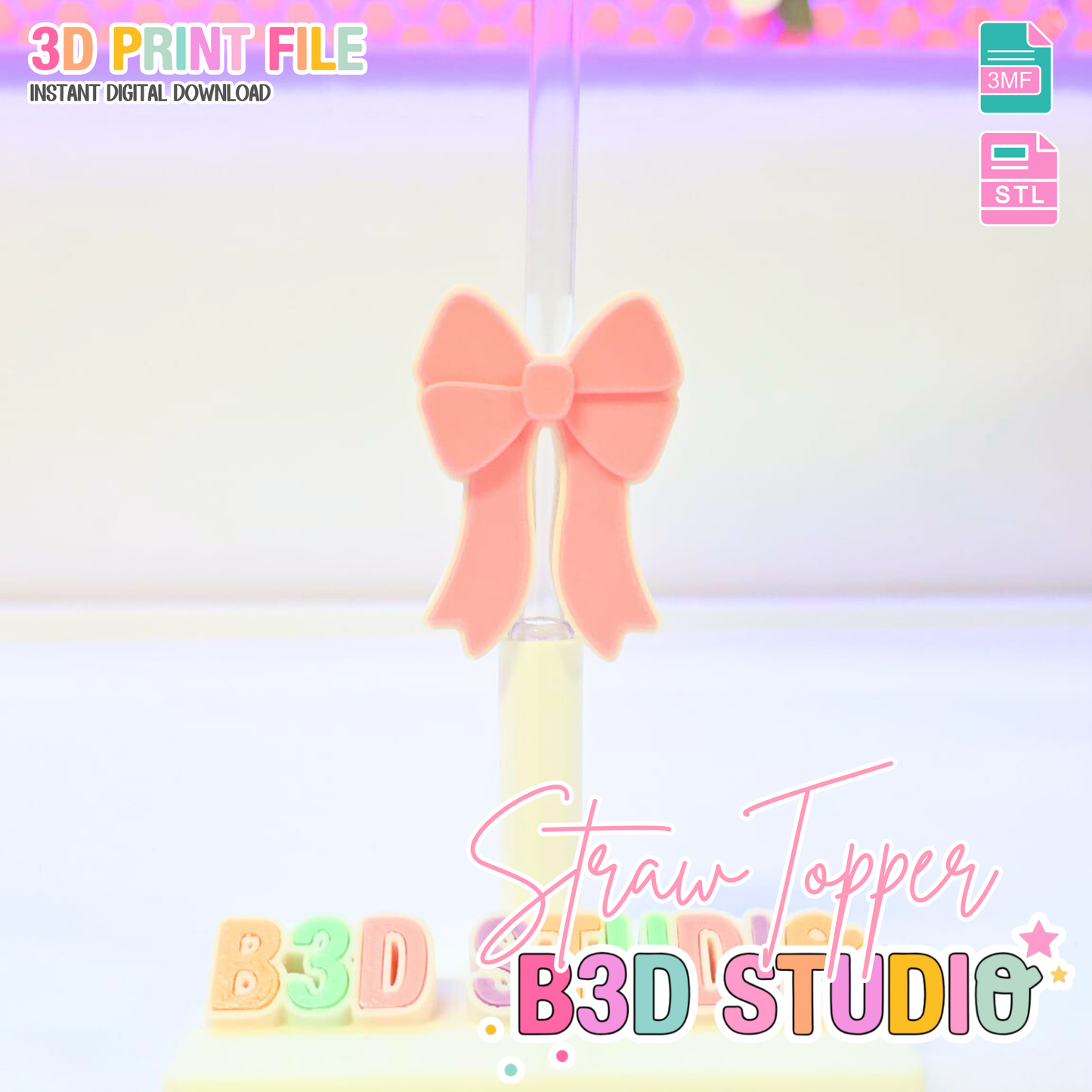 Coquette Bow Straw Topper 3D Print File (STL & 3MF Digital Download) 8mm + 10mm Sizes