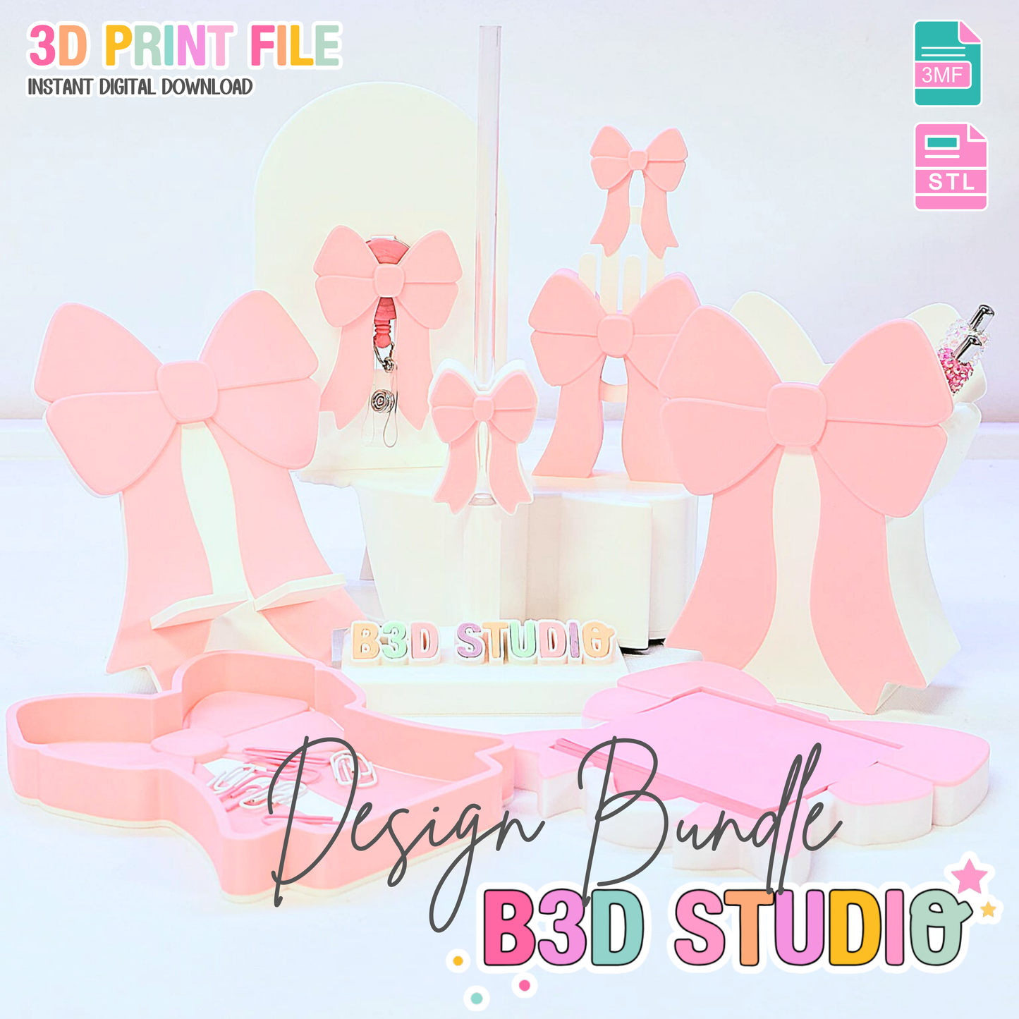 Coquette Bow 3D Print File Bundle : Desk Organizer (STL & 3MF Digital Download)