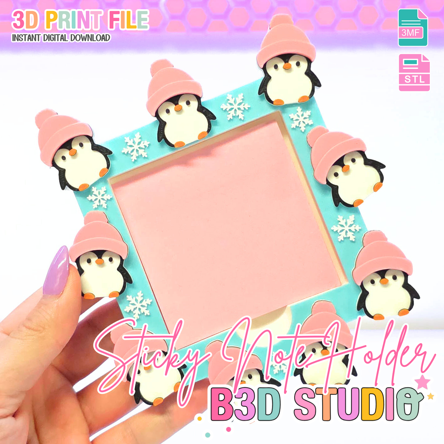 Cute Penguin Sticky Note Holder: 3D Print File (STL/3MF Digital Download)