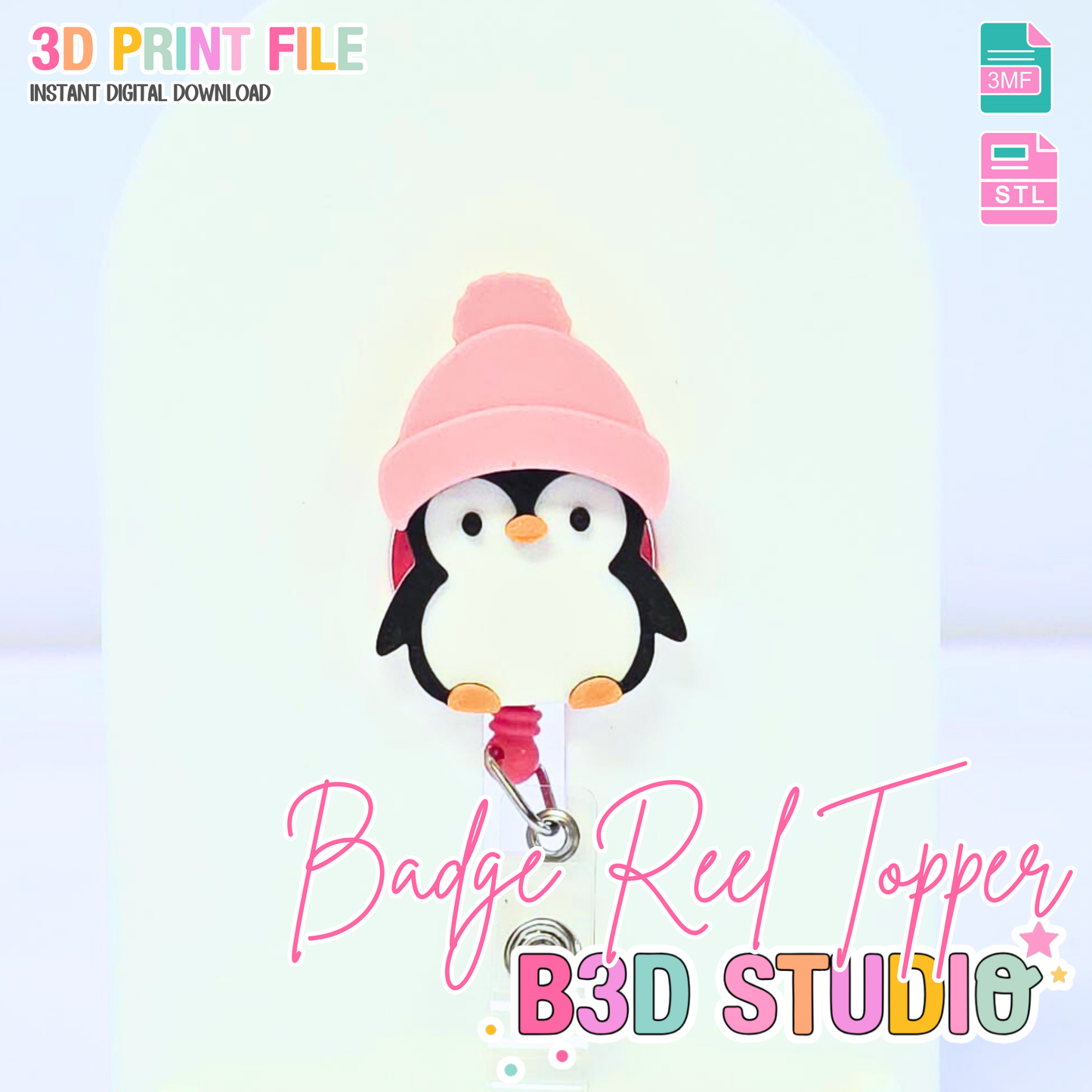 Cute Penguin Badge Reel Topper, Flat Back 3D Print File (STL/3MF Digital Download)