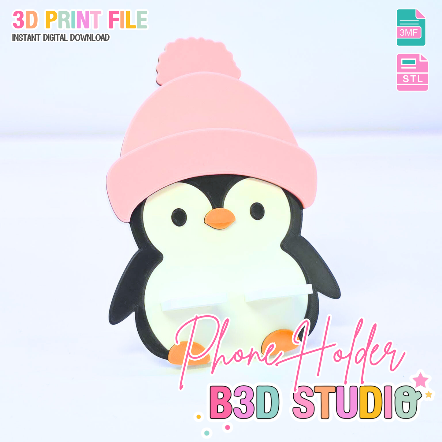 Cute Penguin Phone Holder 3D Print File: Fun Desk Decor (STL/3MF Digital Download)