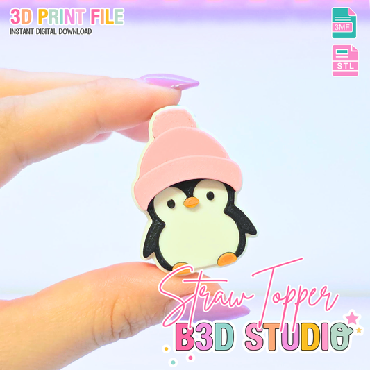 Cute Penguin Straw Topper 3D Print File (STL & 3MF Digital Download) 8mm + 10mm Sizes
