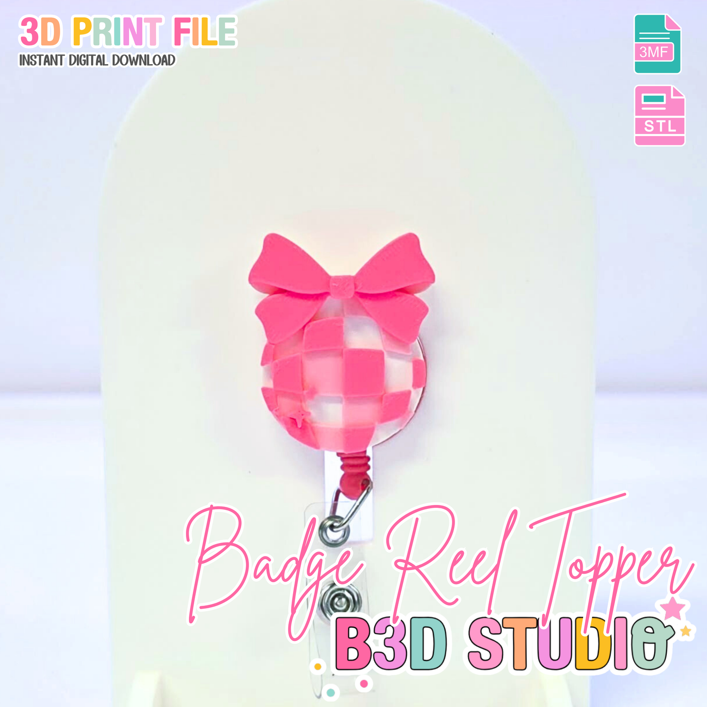 Disco Bow Badge Reel Topper 3D Print File (STL & 3MF Digital Download)