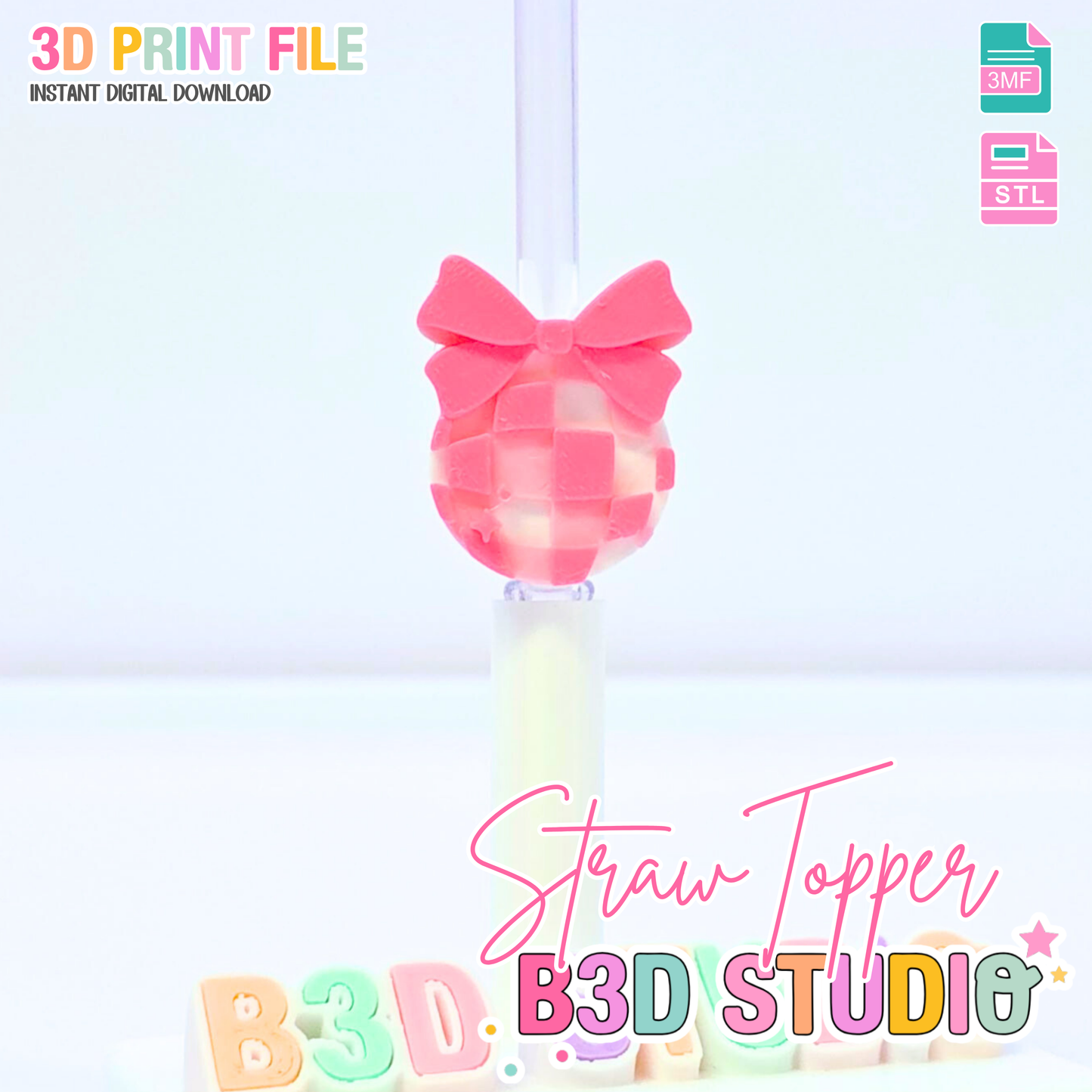 Disco Bow Straw Topper 3D Print File (STL & 3MF Digital Download) 8mm + 10mm Sizes