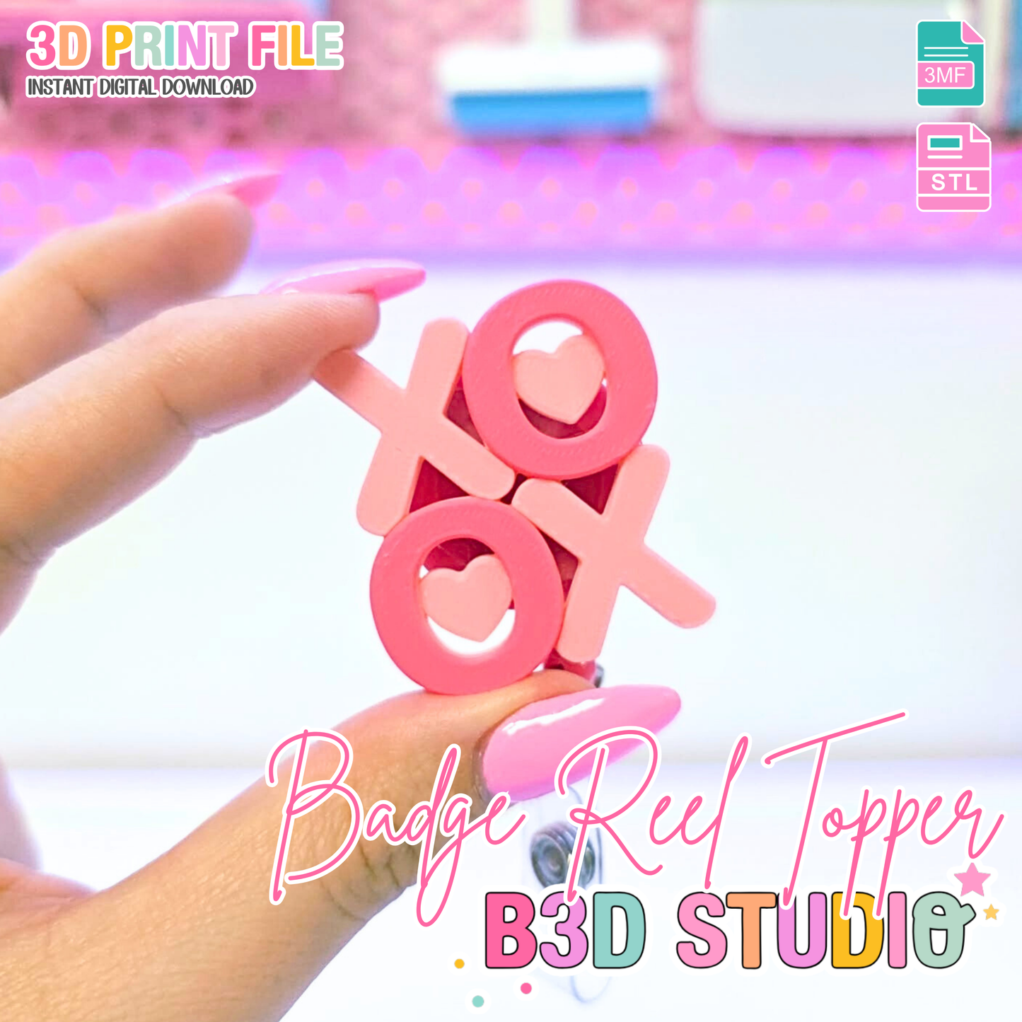 XO Hugs and Kisses Badge Reel Topper Flat Back 3D Print File (STL & 3MF)