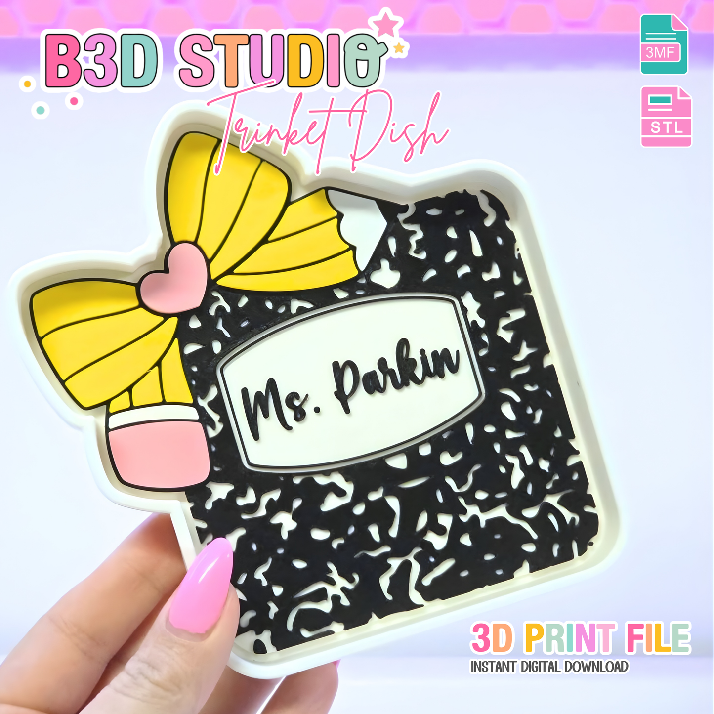 Composition Pencil Bow Trinket Dish STL & 3MF File – 3D Print Desk Organizer (Digital Download)