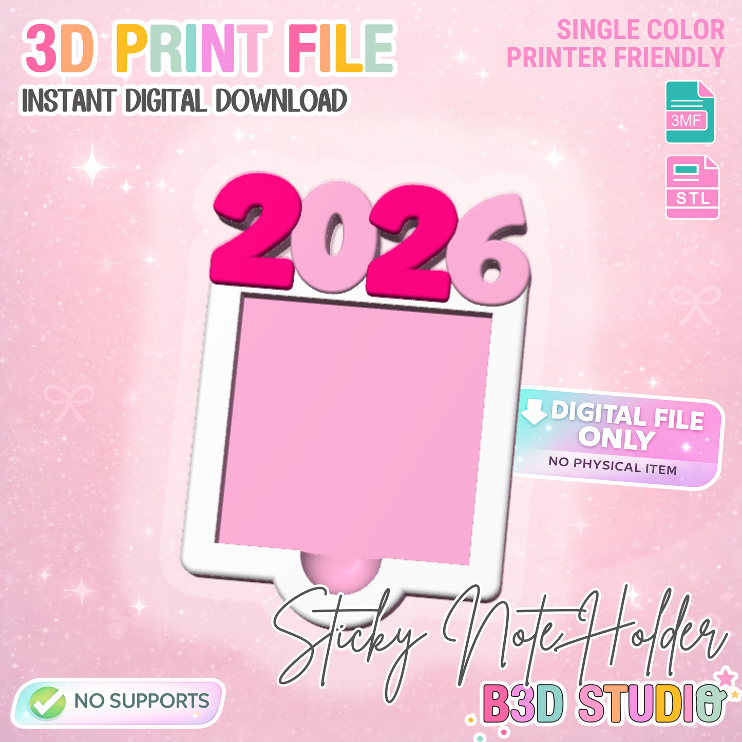 New Year 2026 Sticky Note Holder: Desk Organizer 3D Print File (STL & 3MF)