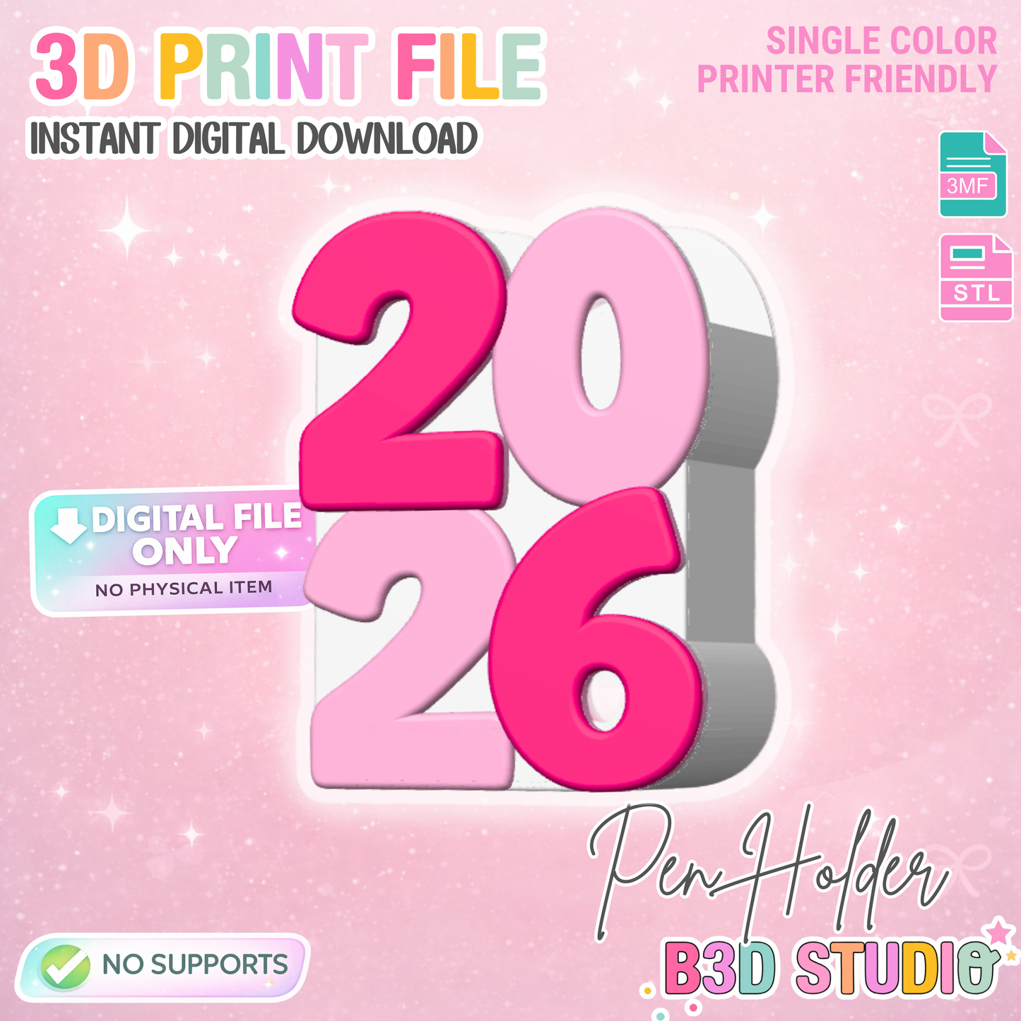 New Year 2026 Pen Holder 3D Printable: Desk Decor (STL + 3MF File)