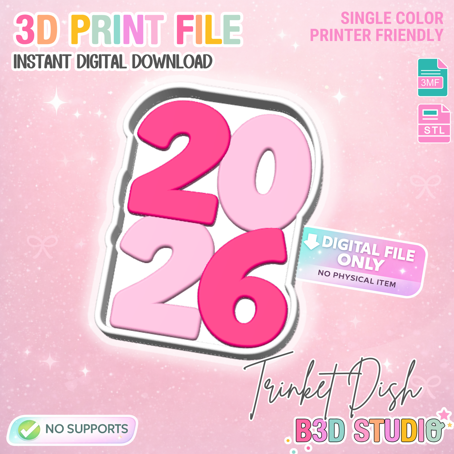 New Year 2026 Trinket Dish 3D Print File – Bow Desk Organizer (STL & 3MF)