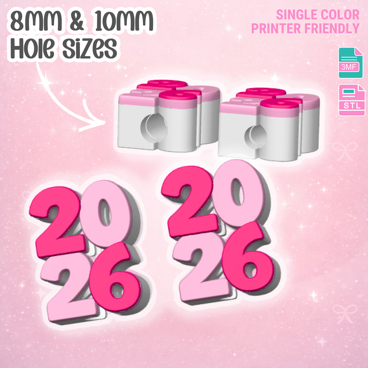 New Year 2026 Straw Topper 3D Print File (STL & 3MF Digital Download) 8mm + 10mm Sizes