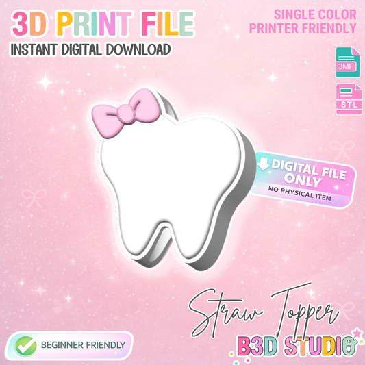 Bow Tooth Straw Topper 3D Print File (STL & 3MF Digital Download) 8mm + 10mm Sizes