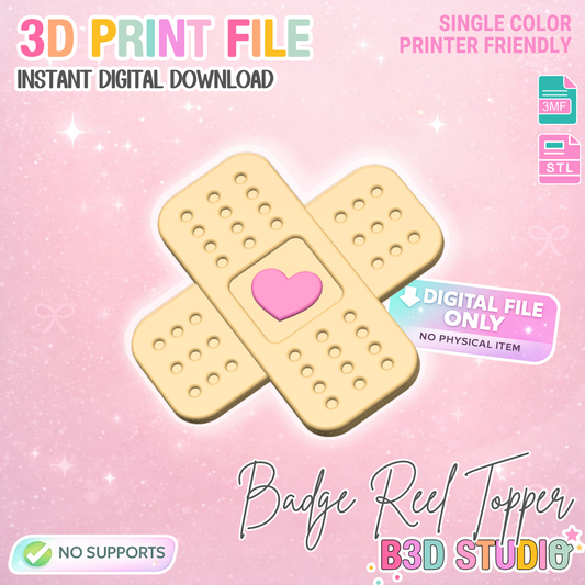 Heart Bandage Badge Reel Topper Flat Back 3D Print File (STL & 3MF Digital Download)
