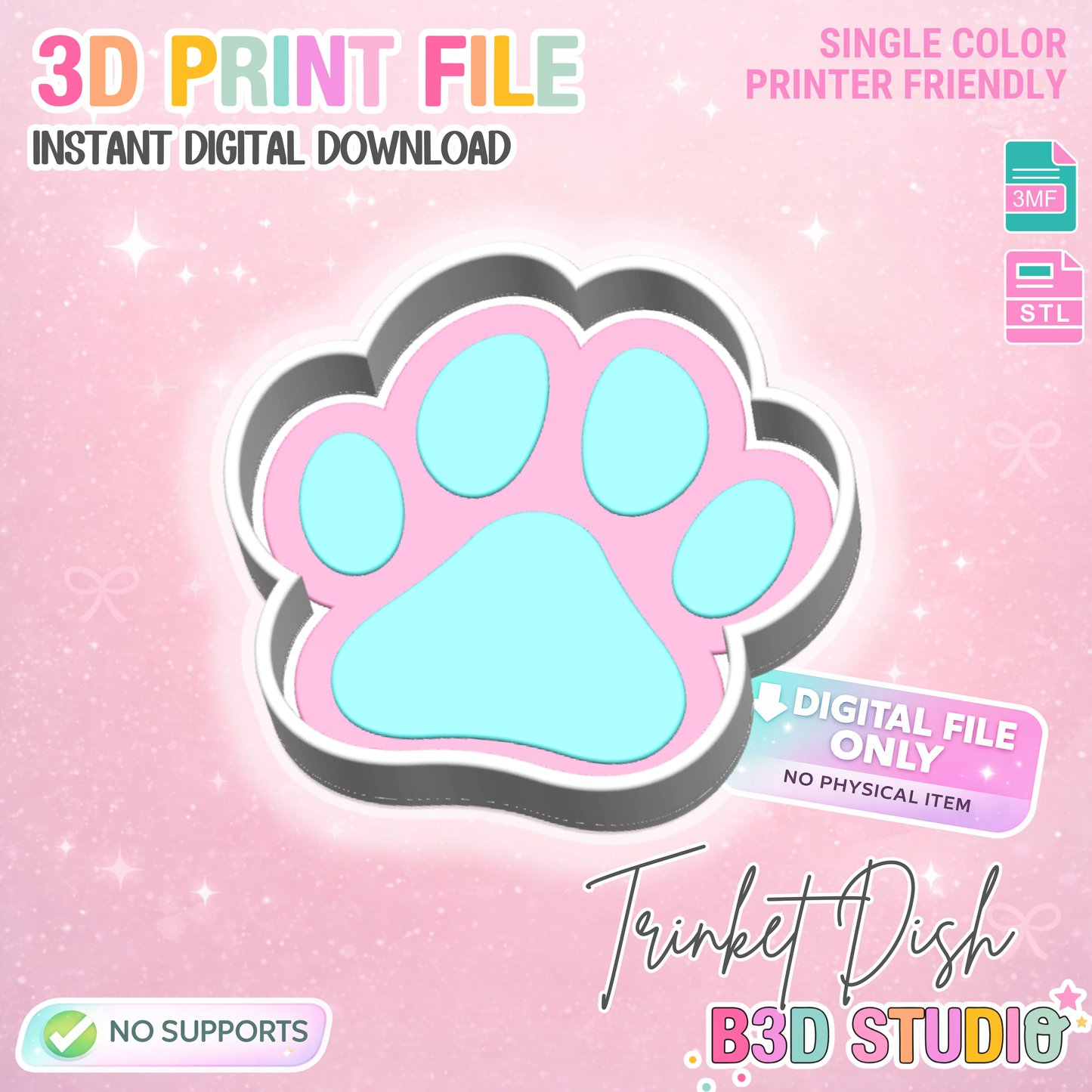 Dog Paw Trinket Dish 3D Print File – STL/3MF Desk Organization (Digital Download)