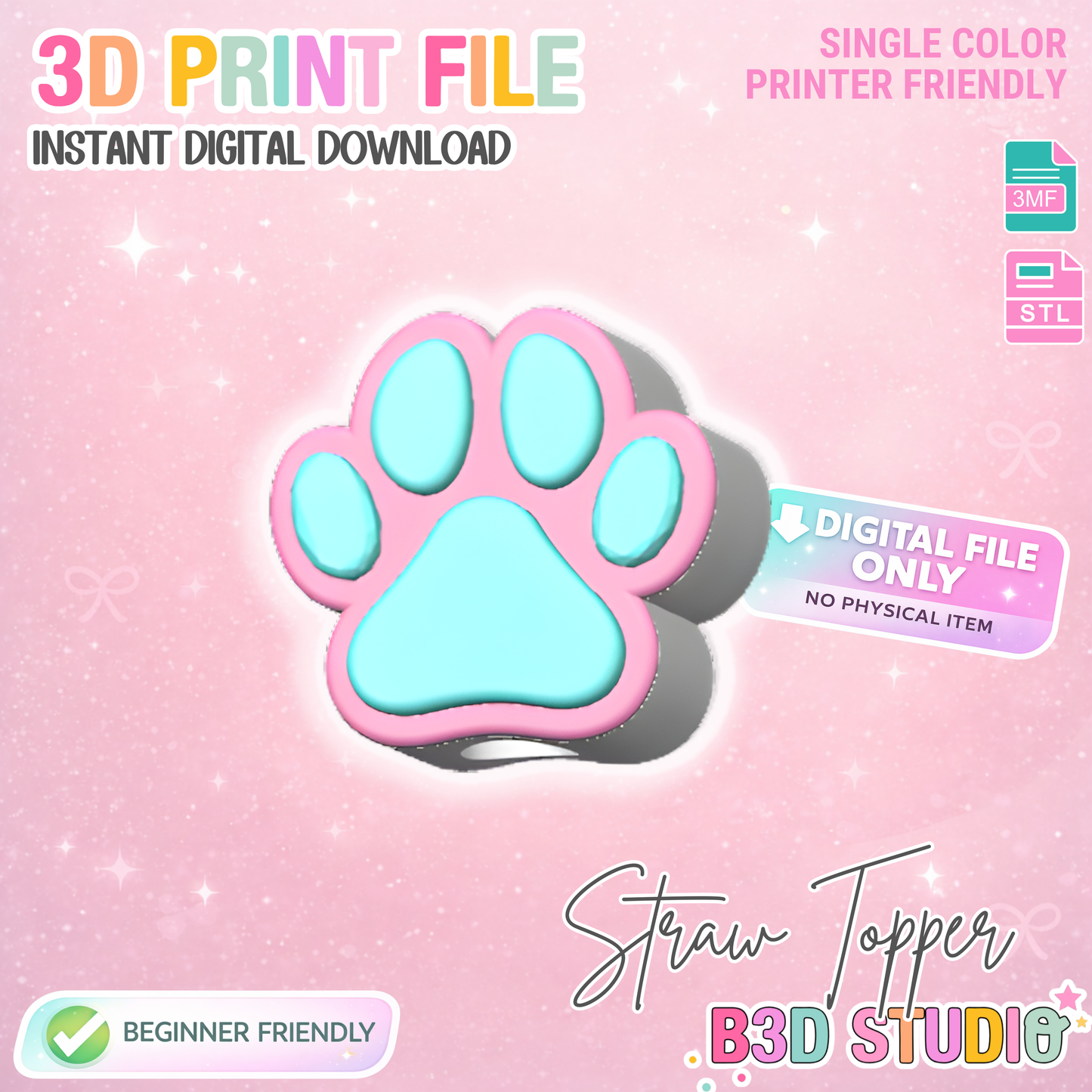 Dog Paw Straw Topper 3D Print File (STL & 3MF Digital Download) 8mm + 10mm Sizes