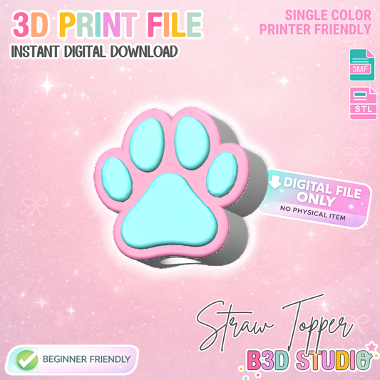 Dog Paw Straw Topper 3D Print File (STL & 3MF Digital Download) 8mm + 10mm Sizes