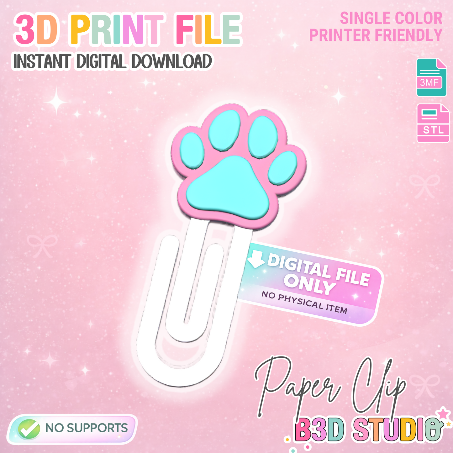 Dog Paw Paper Clip 3D Print File (STL & 3MF Digital Download)