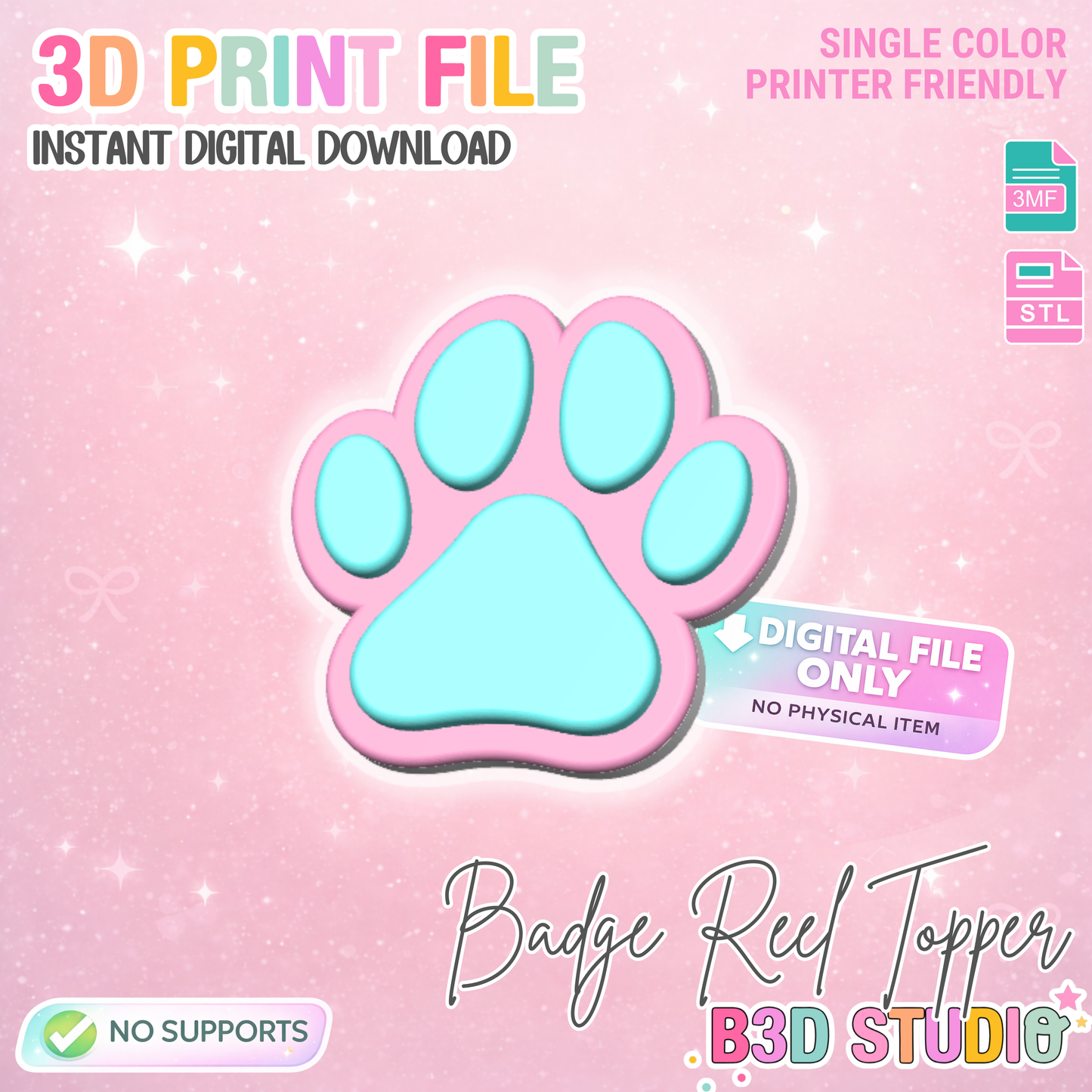 Dog Paw Badge Reel Topper 3D Print File (STL & 3MF Digital Download)