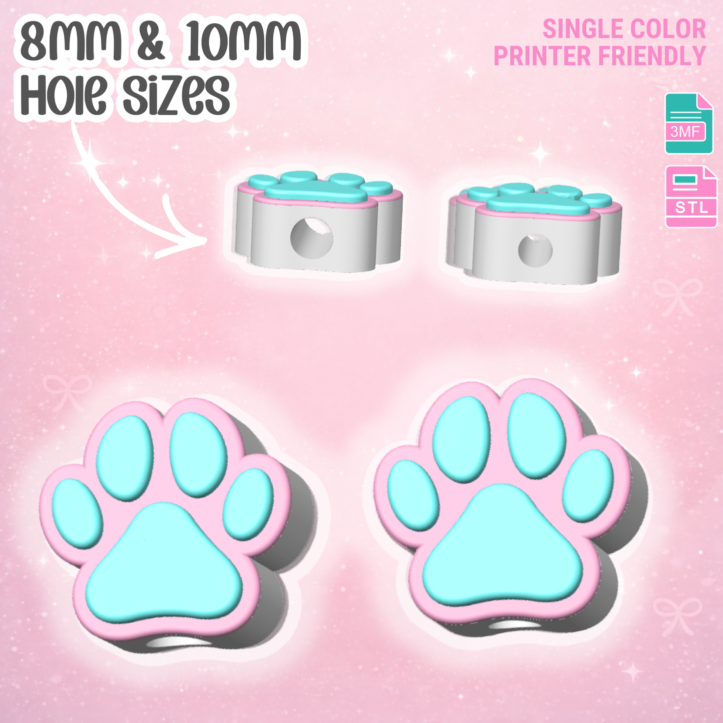 Dog Paw Straw Topper 3D Print File (STL & 3MF Digital Download) 8mm + 10mm Sizes