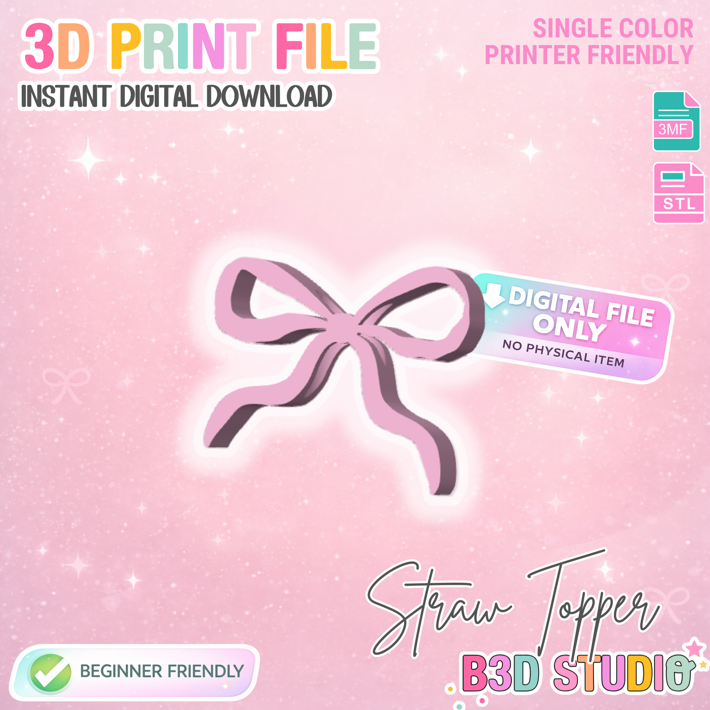 Bow Straw Topper 3D Print File (STL & 3MF Digital Download) 8mm + 10mm Sizes