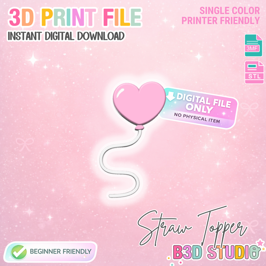 Heart Balloon Straw Topper 3D Print File (STL & 3MF Digital Download) 8mm + 10mm Sizes