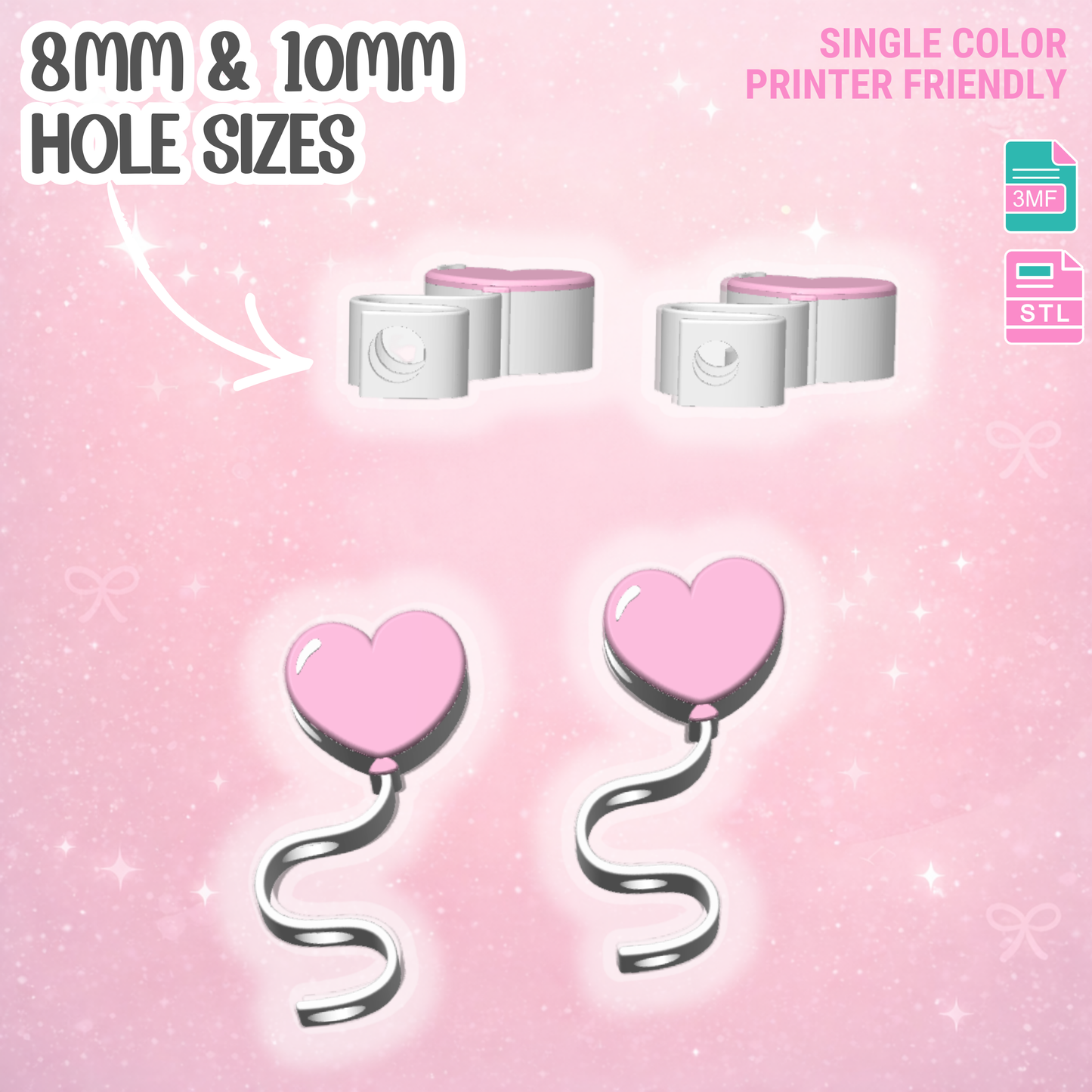 Heart Balloon Straw Topper 3D Print File (STL & 3MF Digital Download) 8mm + 10mm Sizes
