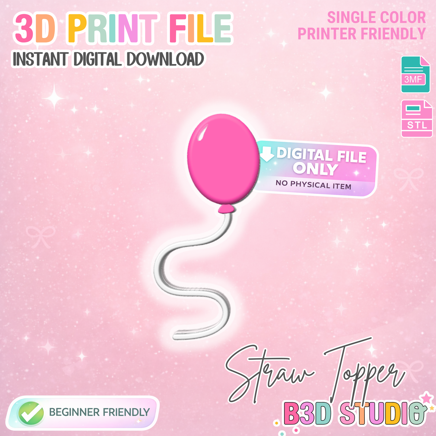 Balloon Straw Topper 3D Print File (STL & 3MF Digital Download) 8mm + 10mm Sizes