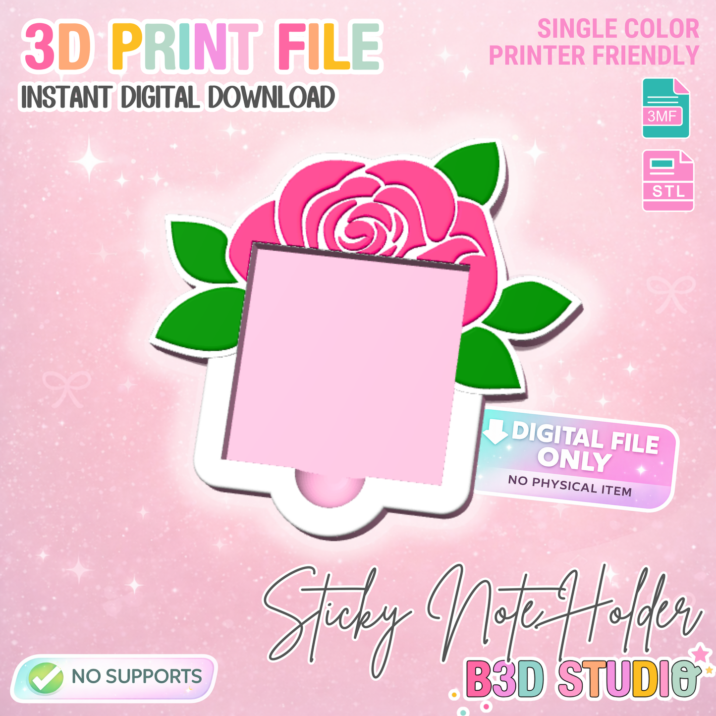 Rose Sticky Note Holder: 3D Print File (STL/3MF Digital Download)