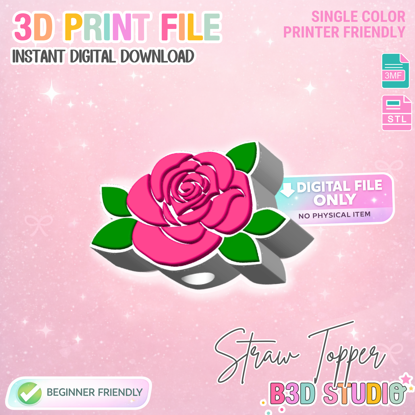 Rose Straw Topper 3D Print File (STL & 3MF Digital Download) 8mm + 10mm Sizes