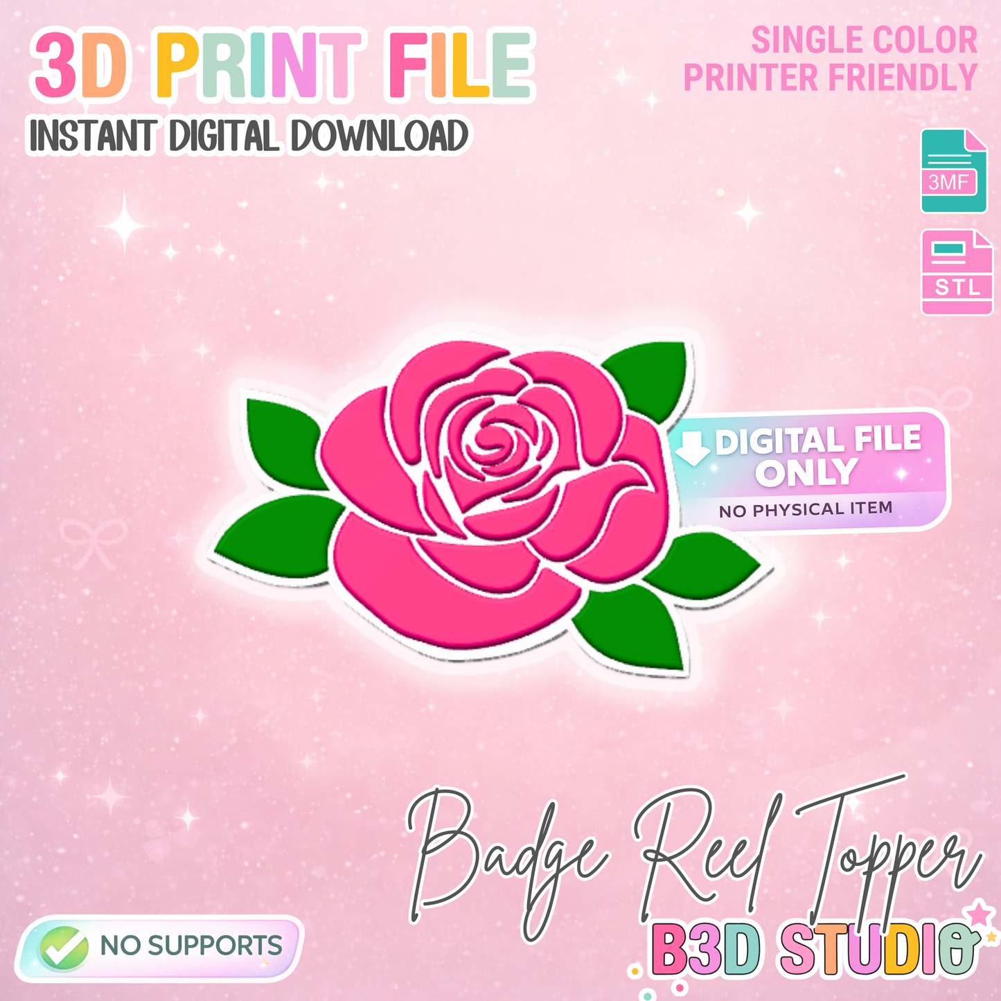 Rose Badge Reel Topper 3D Print File - Flat Back (STL & 3MF Digital Download)