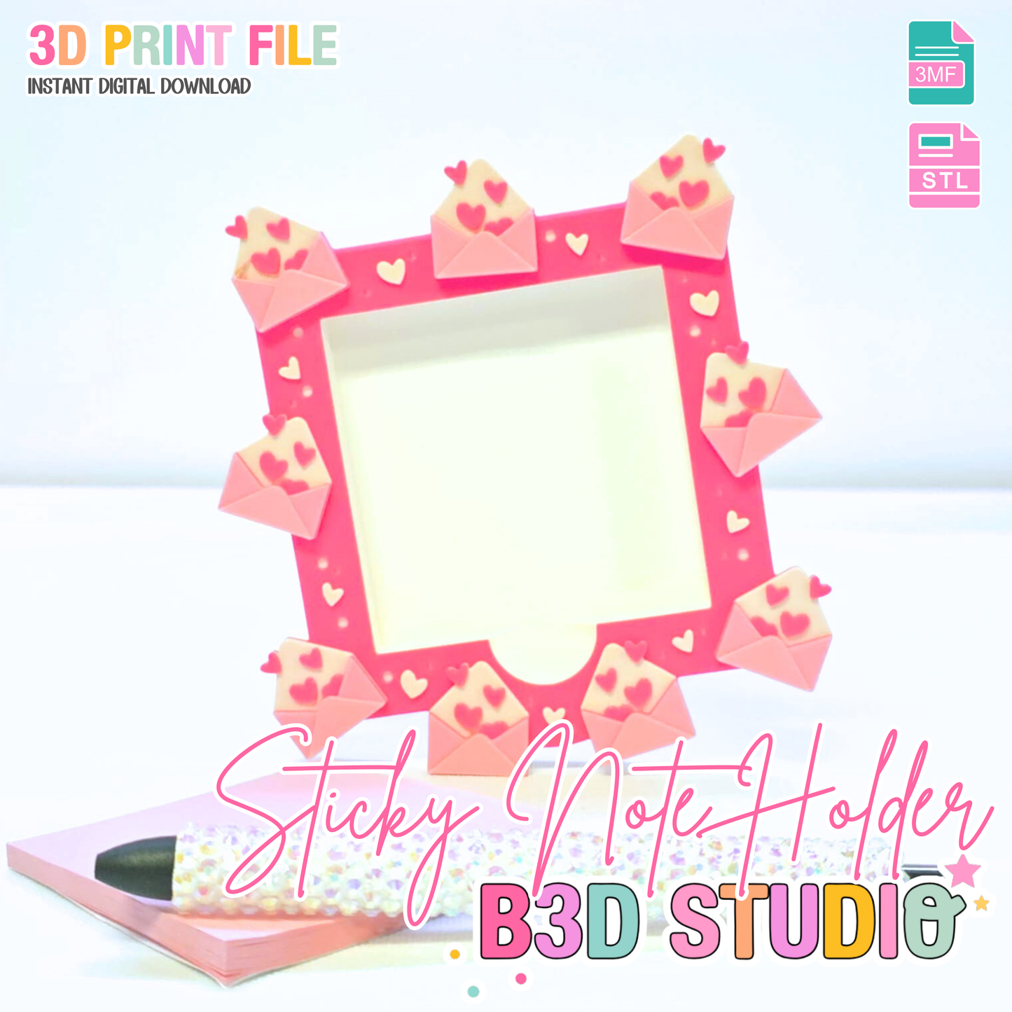 Love Letter Sticky Note Holder: Desk Organizer 3D Print File (STL & 3MF Digital Download)