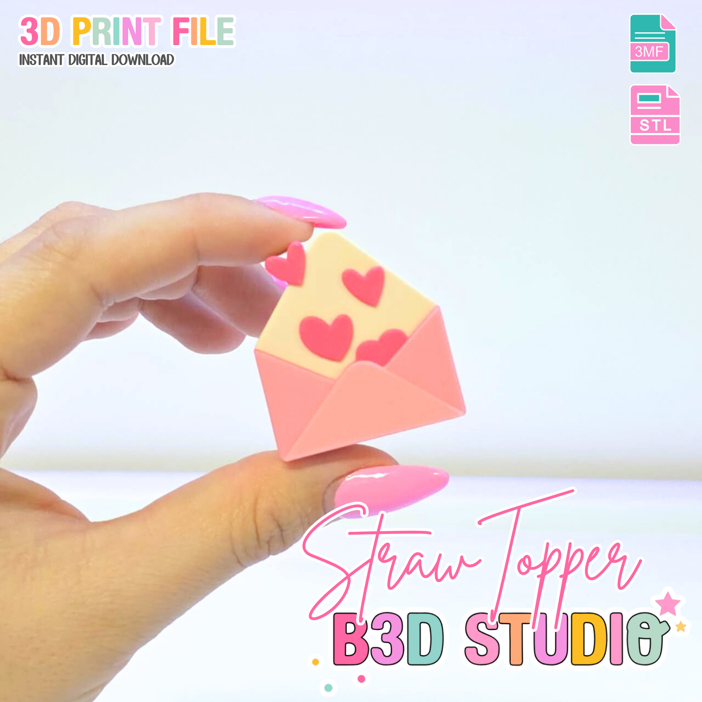 Love Letter Straw Topper 3D Print File (STL & 3MF Digital Download) 8mm + 10mm Sizes