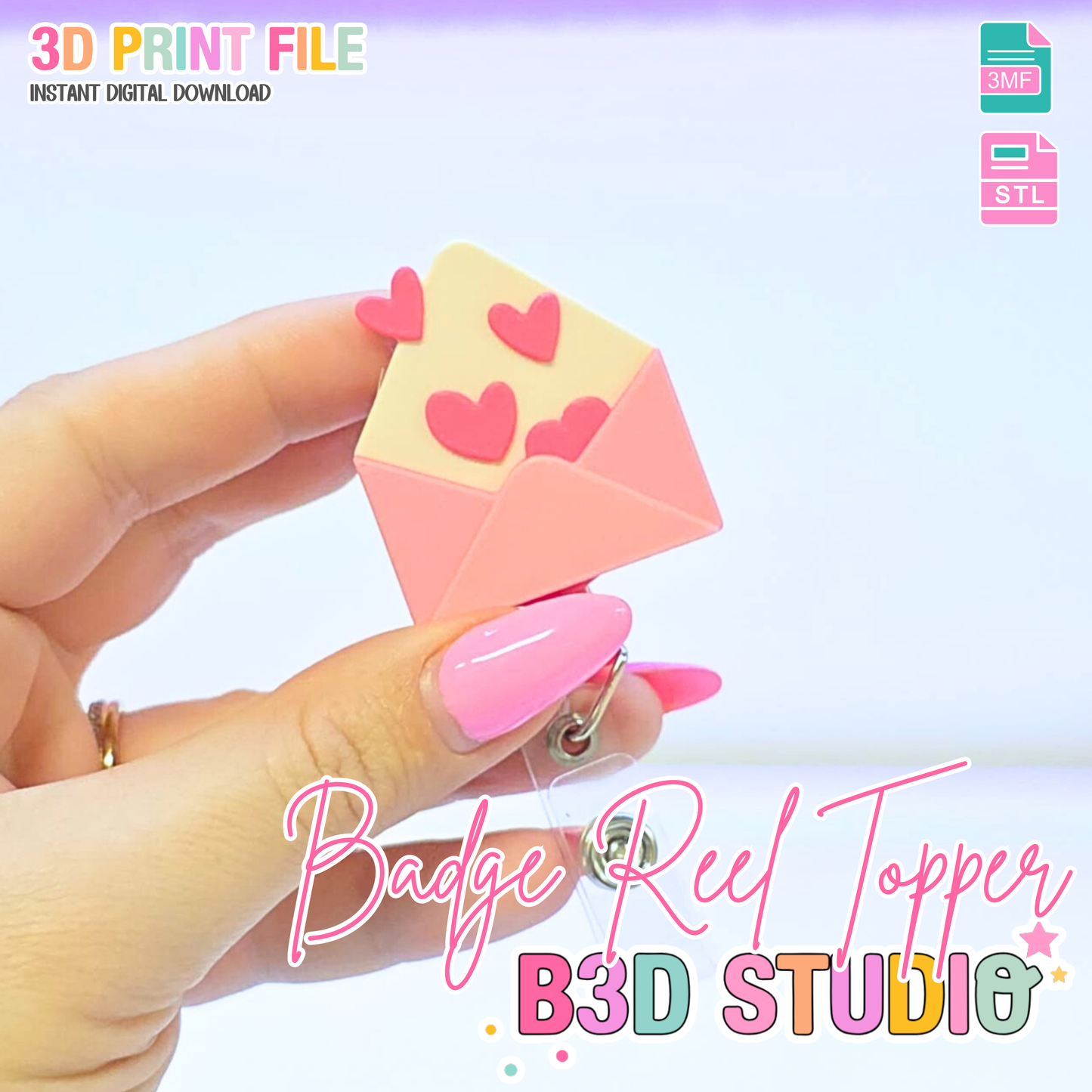 Love Letter Badge Reel Topper Flat Back 3D Print File (STL & 3MF Digital Download)