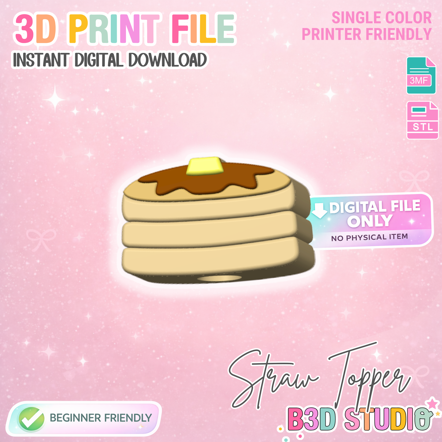 Pancakes Straw Topper V2 3D Print File (STL & 3MF Digital Download) 8mm + 10mm Sizes