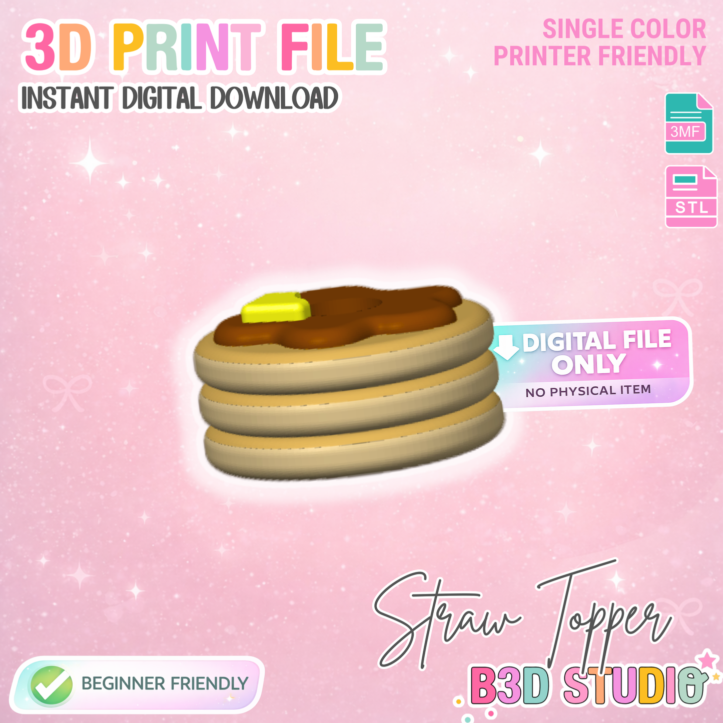 Pancakes Straw Topper 3D Print File (STL & 3MF Digital Download) 8mm + 10mm Sizes