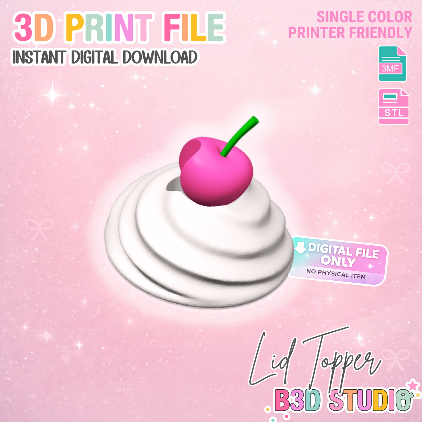 Whipped Cherry Lid Topper 3D Print File: Drink Topper STL & 3MF (Digital Download)