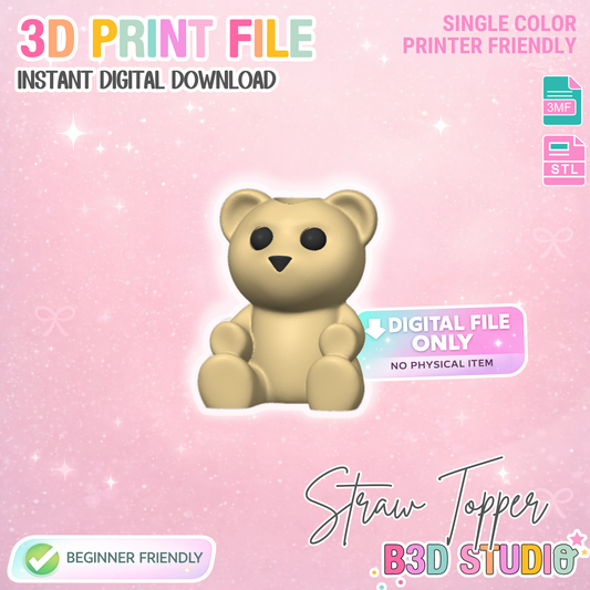 Teddy Bear Straw Topper 3D Print File (STL & 3MF Digital Download) 8mm + 10mm Sizes